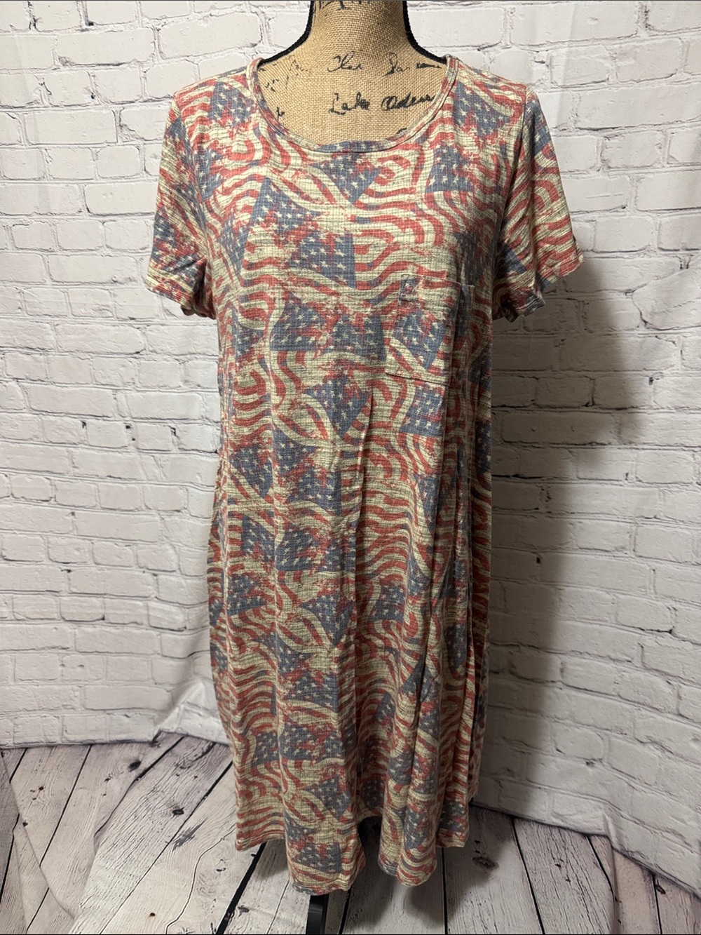 LuLaRoe Carly Front Pocket Short Sleeve Swing Dress in US Flag print